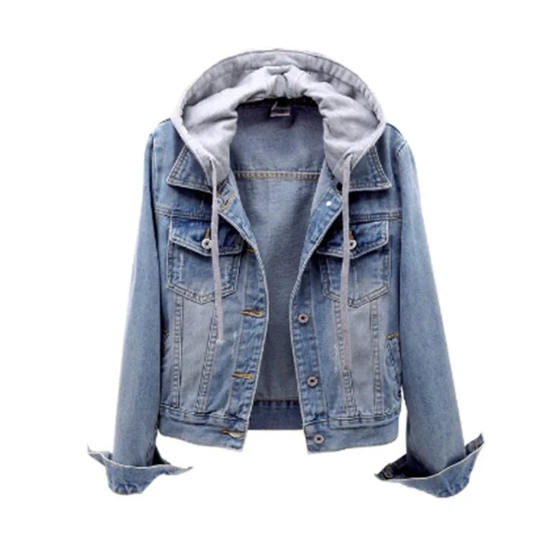 Women’s Denim Jacket - Button Front - Hoodie Attached - Casual Layered Look