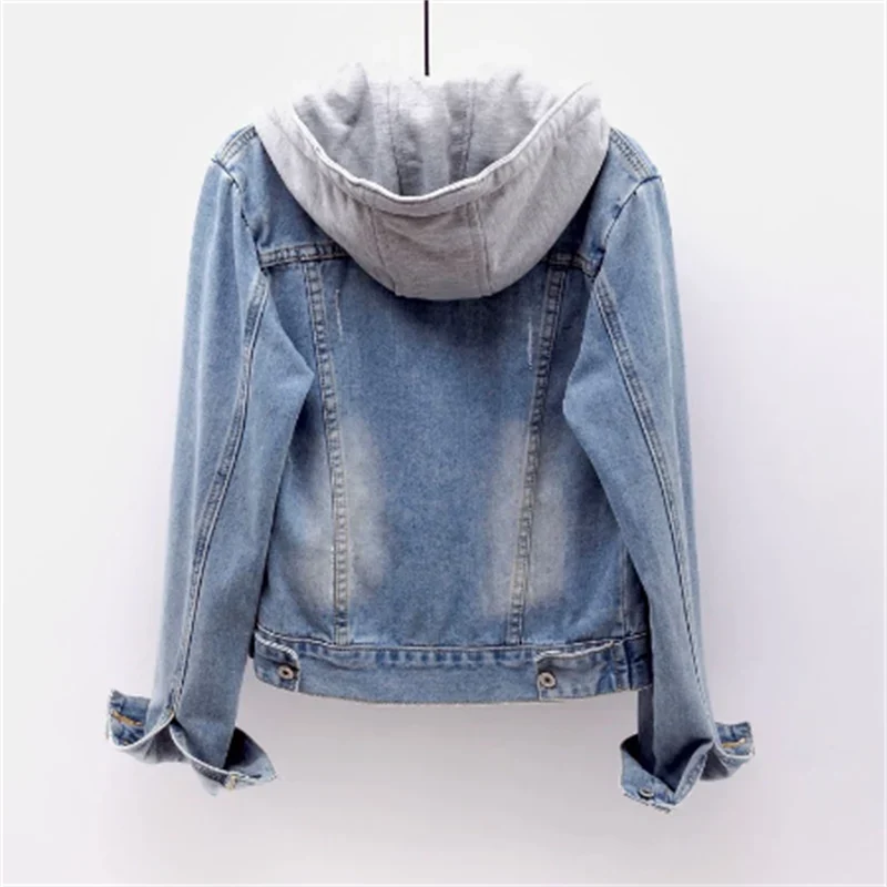 Women’s Denim Jacket - Button Front - Hoodie Attached - Casual Layered Look