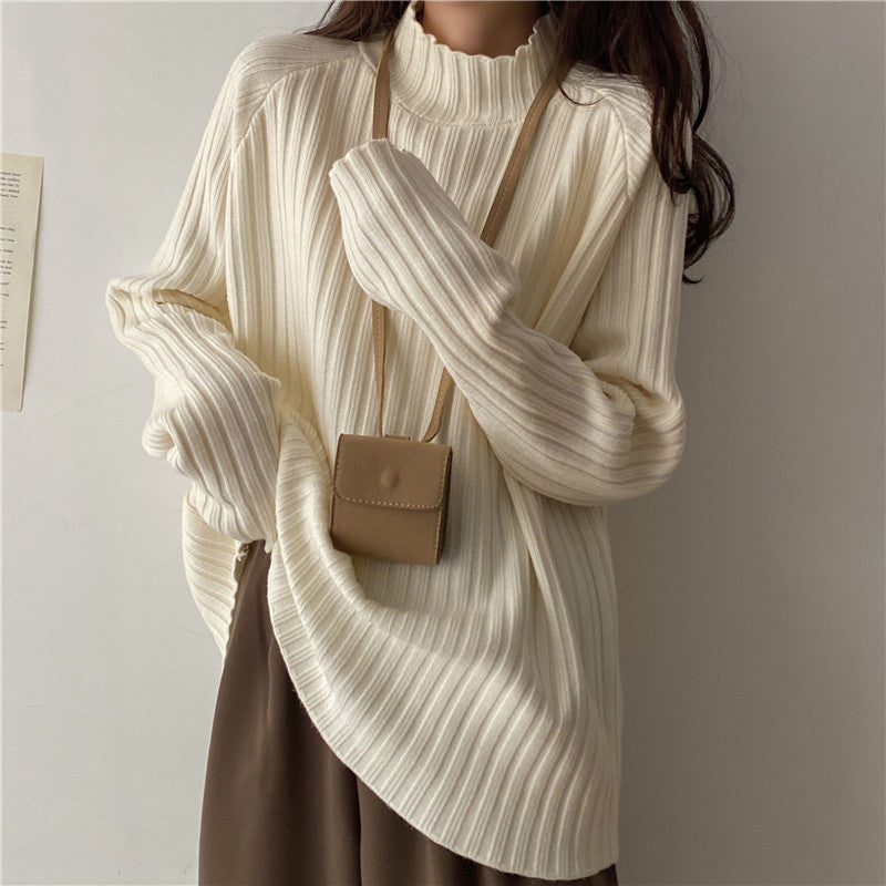 Women’s Knit Sweater - Ribbed Texture - Mock Turtleneck - Long Sleeve Relaxed Fit