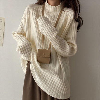 Women’s Knit Sweater - Ribbed Texture - Mock Turtleneck - Long Sleeve Relaxed Fit