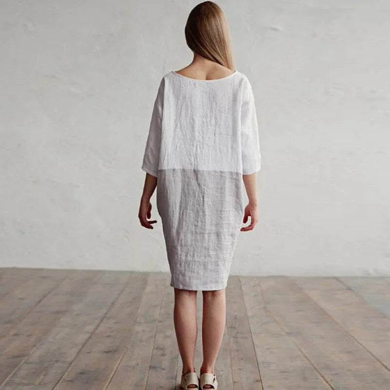 Women's A-Line Dress - 100% Linen - Boat Neck - 3/4 Sleeve - Casual Loose Fit