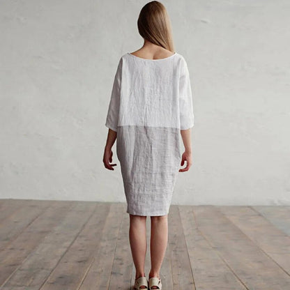Women's A-Line Dress - 100% Linen - Boat Neck - 3/4 Sleeve - Casual Loose Fit