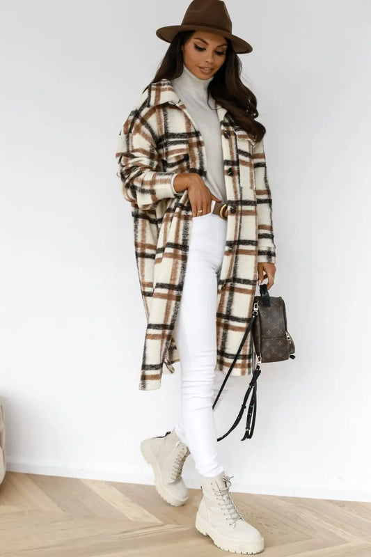 Plaid Printed Button Down Mid-Length Jacket