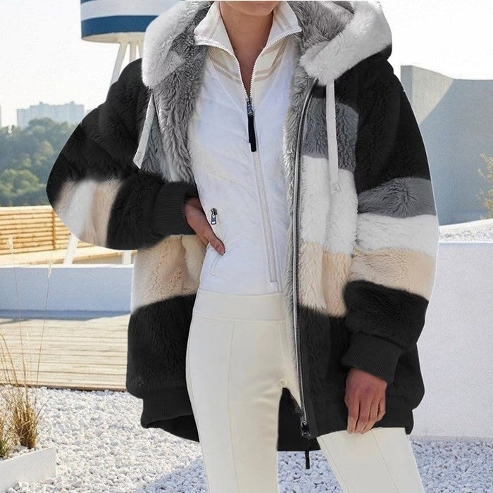 Women's warm plush hooded coat with color contrast stripe