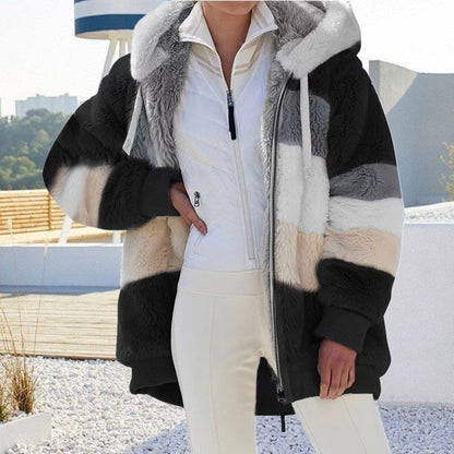 Women's warm plush hooded coat with color contrast stripe