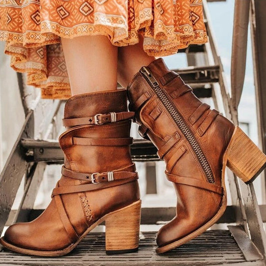 Reina - Vintage Boots for Women - Stylish Mid-Calf Boots with Buckle and Zipper Details