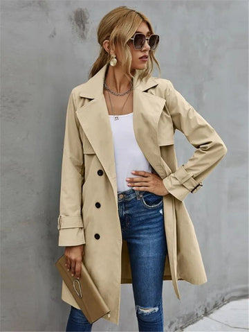 Women's casual double-breasted  belted lapel neck trench coat