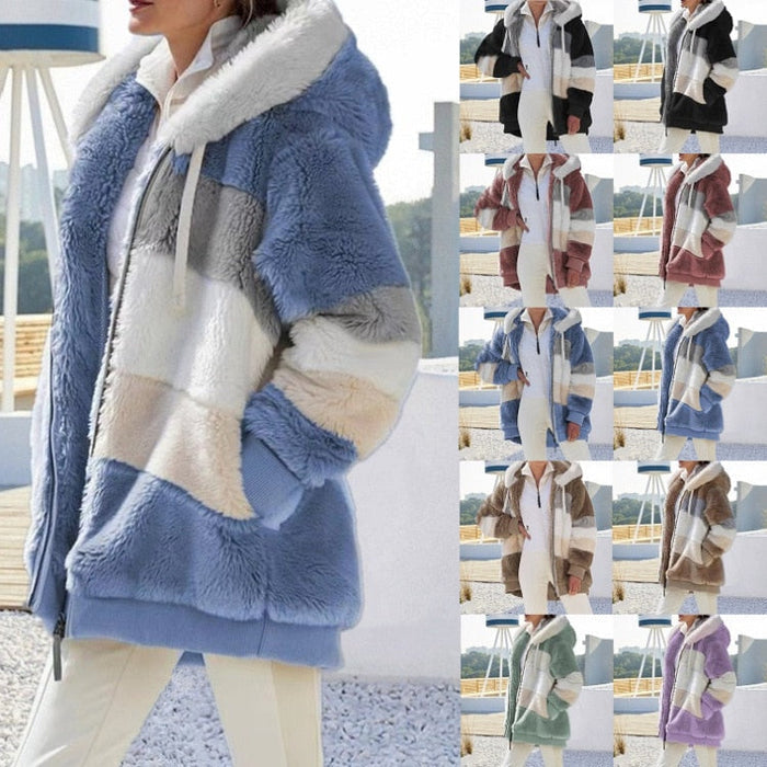 Women's warm plush hooded coat with color contrast stripe