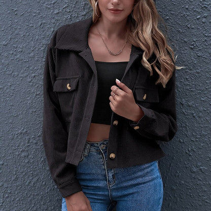 Women’s Cropped Jacket - Corduroy Ribbed Texture - Button Down - Turn-Down Collar