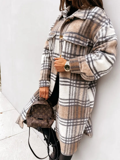 Women's plaid printed button down mid-length jacket