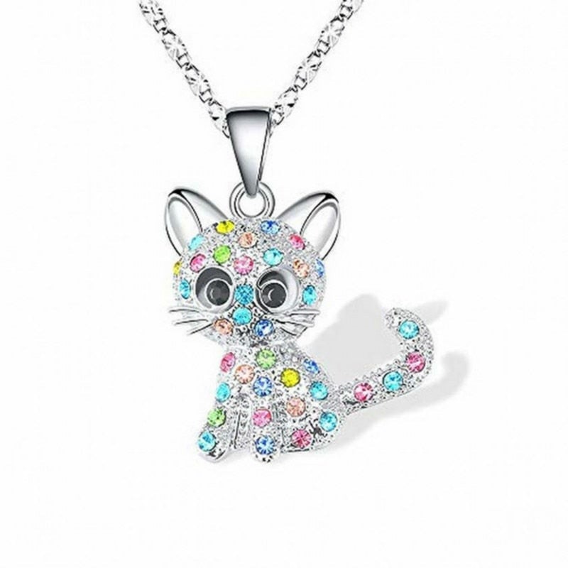 Playful kitten necklace with colorful zirconia