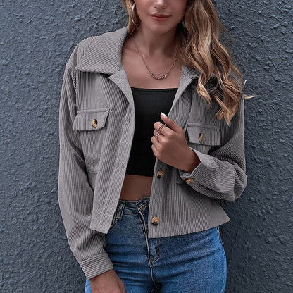 Women’s Cropped Jacket - Corduroy Ribbed Texture - Button Down - Turn-Down Collar