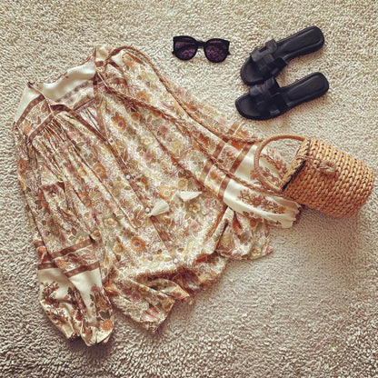 Women's Bohemian Blouse - Floral Print - Long Sleeve - Loose Fit - V-Neck Tassel Detail