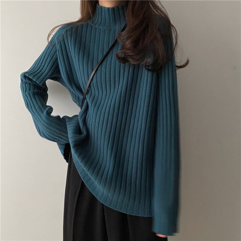 Women’s Knit Sweater - Ribbed Texture - Mock Turtleneck - Long Sleeve Relaxed Fit