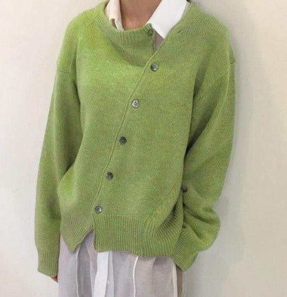 Women's oblique button lazy style cardigan