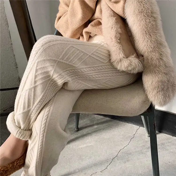 Women’s Knit Pants - Cable Knit Texture - Wide Leg - Soft Wool Blend - Relaxed Fit