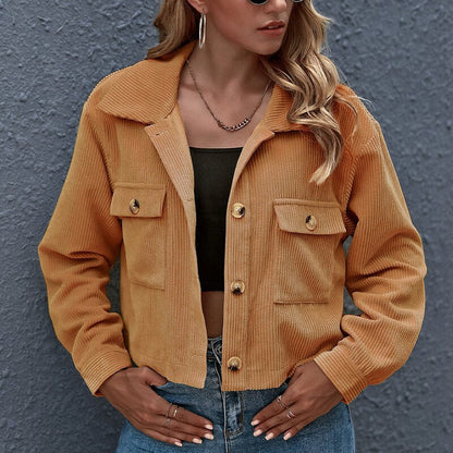 Women’s Cropped Jacket - Corduroy Ribbed Texture - Button Down - Turn-Down Collar