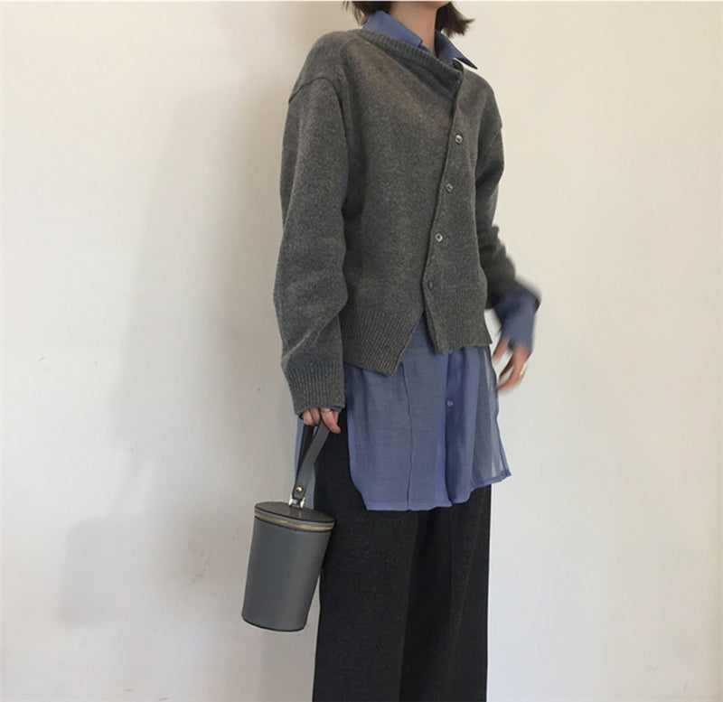 Women's oblique button lazy style cardigan