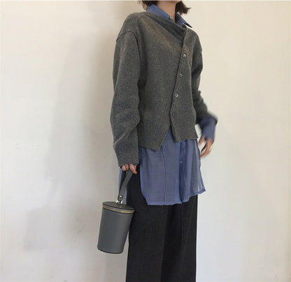 Women's oblique button lazy style cardigan