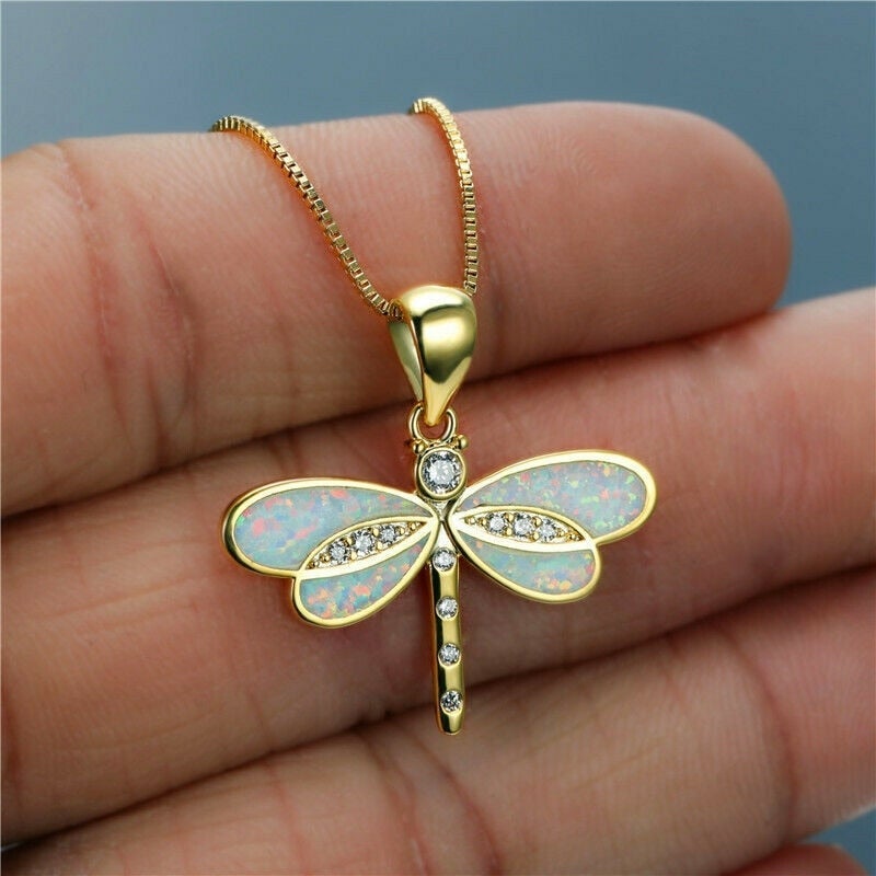 Golden dragonfly necklace with opal