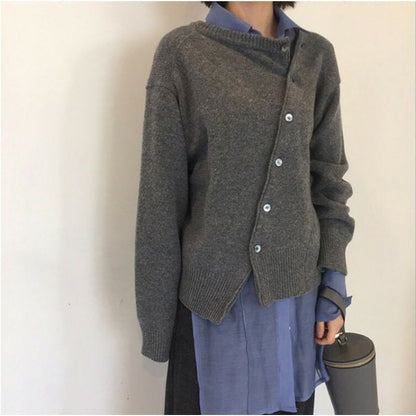 Women's oblique button lazy style cardigan