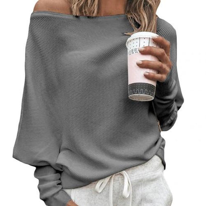 Women's Off-Shoulder Sweater - Ribbed Knit - Loose Fit - Long Sleeve Casual Wear