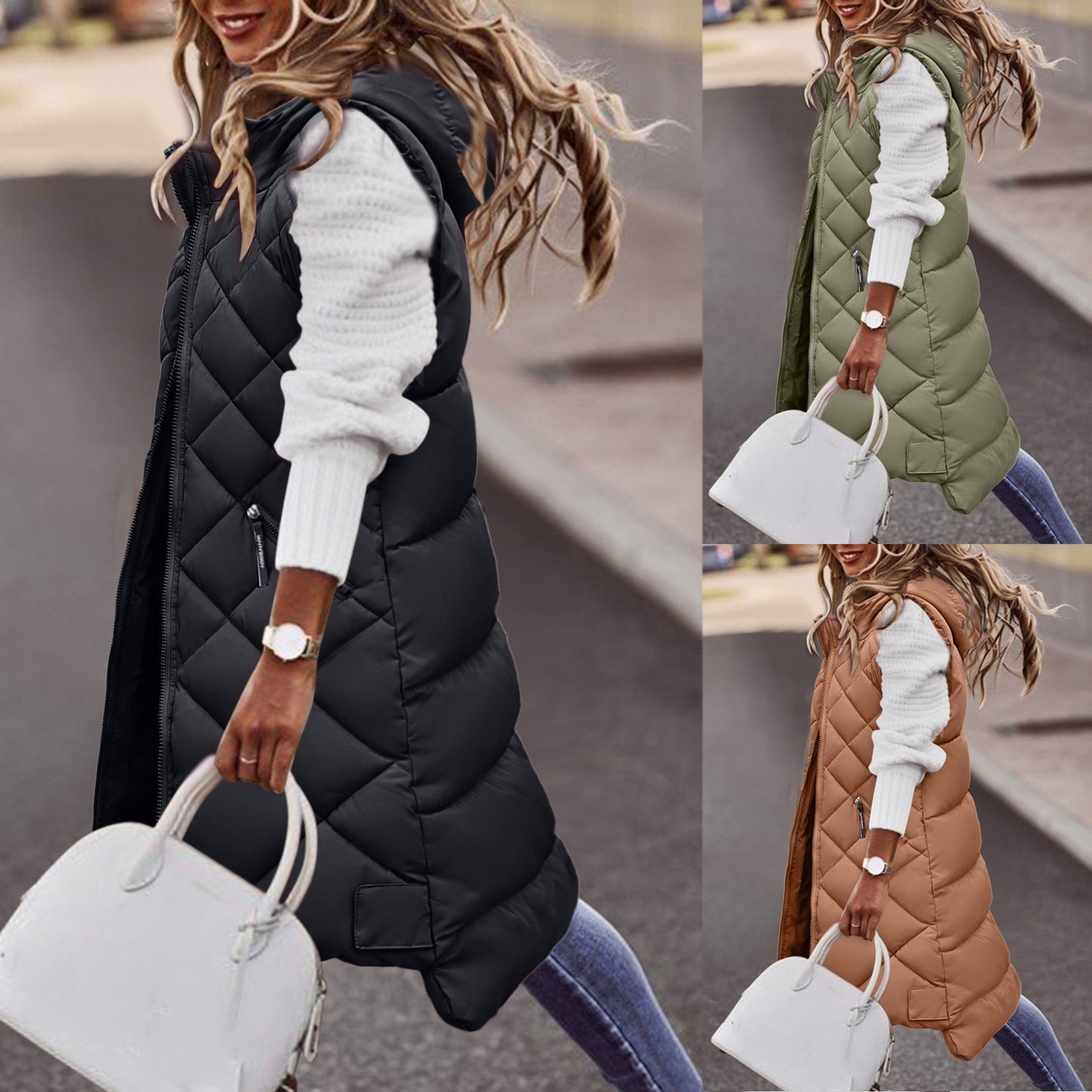 Loavies - long puffer style hooded body warmer for women