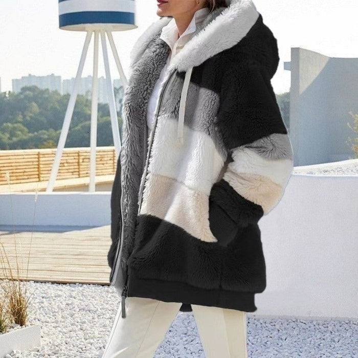 Women's warm plush hooded coat with color contrast stripe