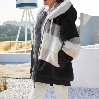 Women's warm plush hooded coat with color contrast stripe