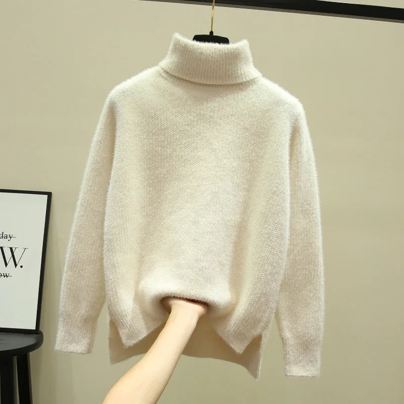 Women's high collar loose thickened imitation mink fleece sweater