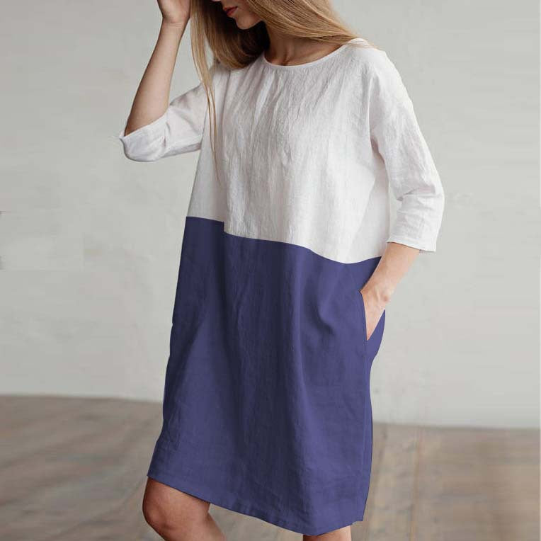 Women's A-Line Dress - 100% Linen - Boat Neck - 3/4 Sleeve - Casual Loose Fit