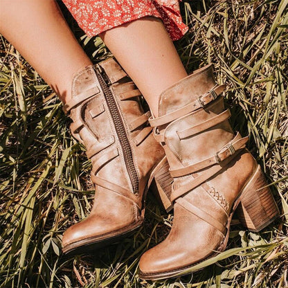 Reina - Vintage Boots for Women - Stylish Mid-Calf Boots with Buckle and Zipper Details