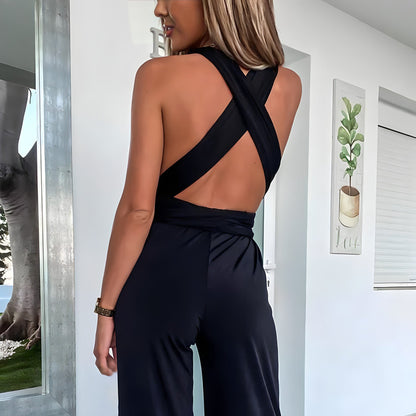 Women's Jumpsuit - Deep V-Neck - Off-Shoulder - Tie Waist - Wide-Leg Flowy Fit
