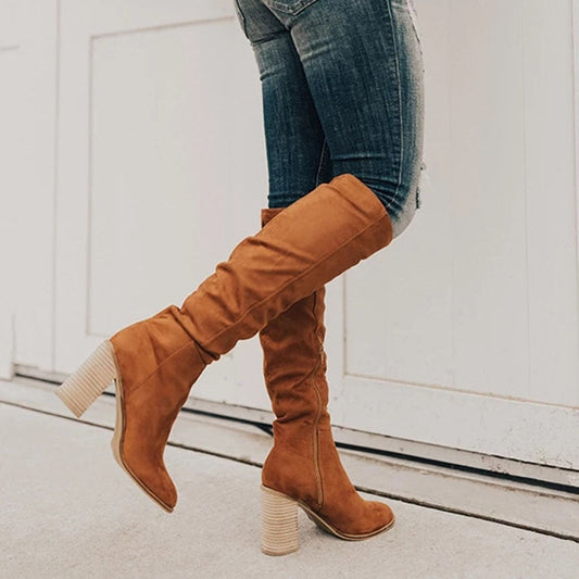 Comfortable Block Heel Slouchy Knee-High Boots
