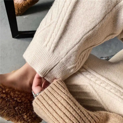 Women’s Knit Pants - Cable Knit Texture - Wide Leg - Soft Wool Blend - Relaxed Fit