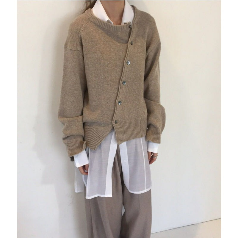 Women's oblique button lazy style cardigan