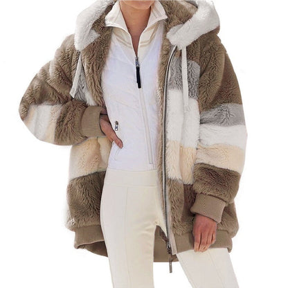 Women's warm plush hooded coat with color contrast stripe
