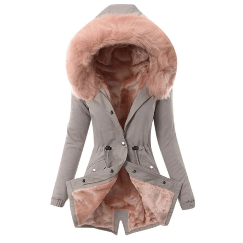 Women's Parka Coat - Faux Fur Lined Hood - Warm Insulated Medium Length