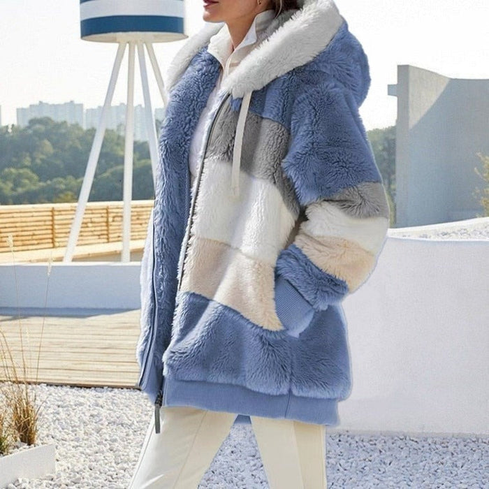 Women's warm plush hooded coat with color contrast stripe