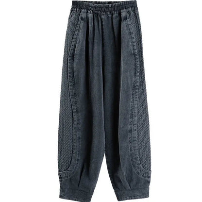 Women’s Baggy Pants – High Waist – Elastic Waistband – Textured Panels – Tapered Leg