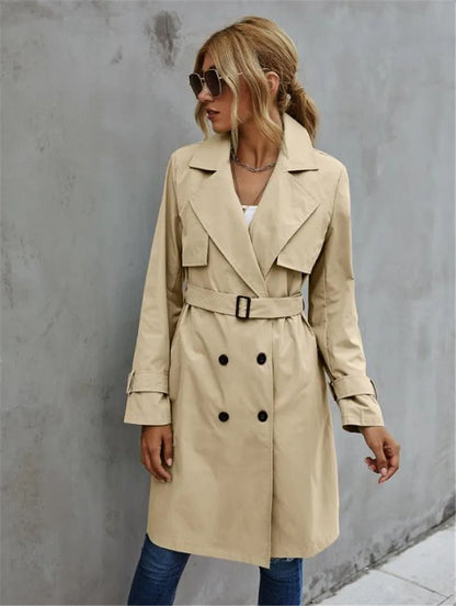 Women's casual double-breasted  belted lapel neck trench coat