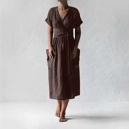 Women’s Wrap Dress - V-Neck Midi Length - Short Cuffed Sleeves - Linen Blend with Pockets
