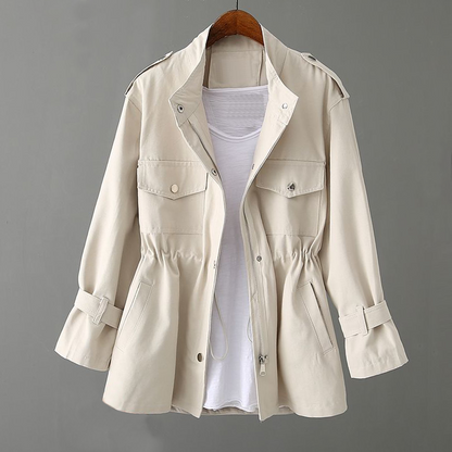 Solid color drawstring waist jacket for women with high collar