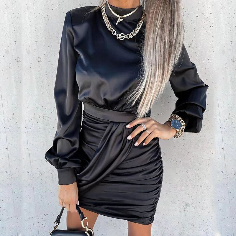 Women's Mini Dress - Silky Draped Design - High Neck - Long Sleeve Elegant Fit