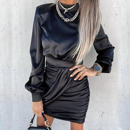 Women's Mini Dress - Silky Draped Design - High Neck - Long Sleeve Elegant Fit