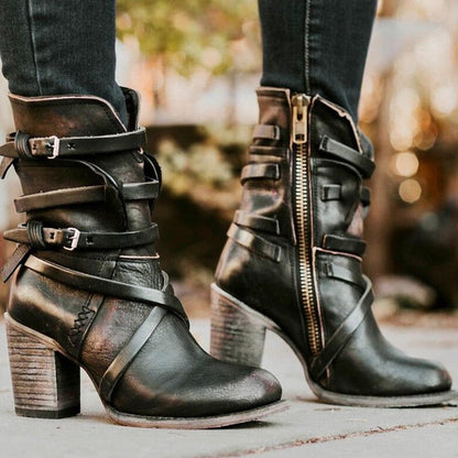 Reina - Vintage Boots for Women - Stylish Mid-Calf Boots with Buckle and Zipper Details