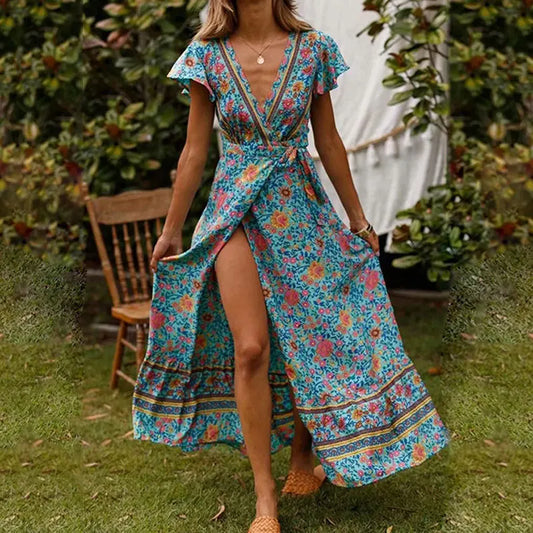 Bohemian Wrap Maxi Dress with Flutter Sleeves
