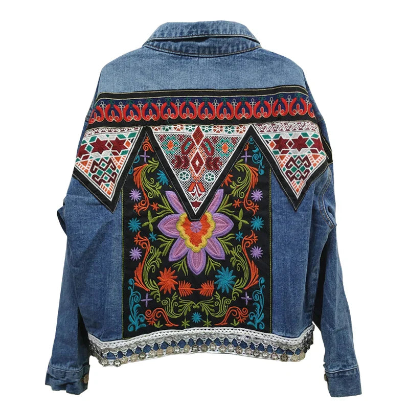 Women's bohemian embroidered denim jacket