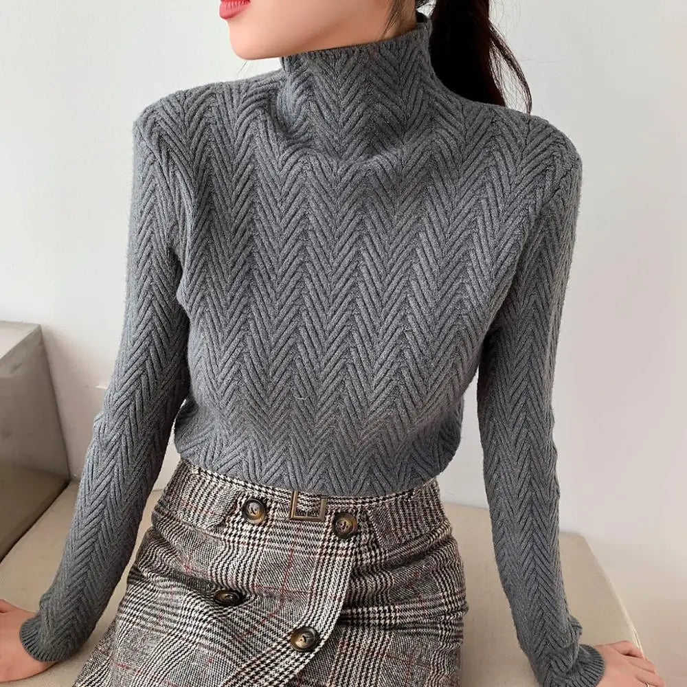 Chevron Pattern Wool Knit Turtleneck Pullover Sweater 