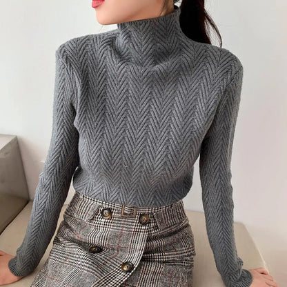 Women’s Pullover Sweater – Wool Knit – Turtleneck – Chevron Pattern – Regular Fit